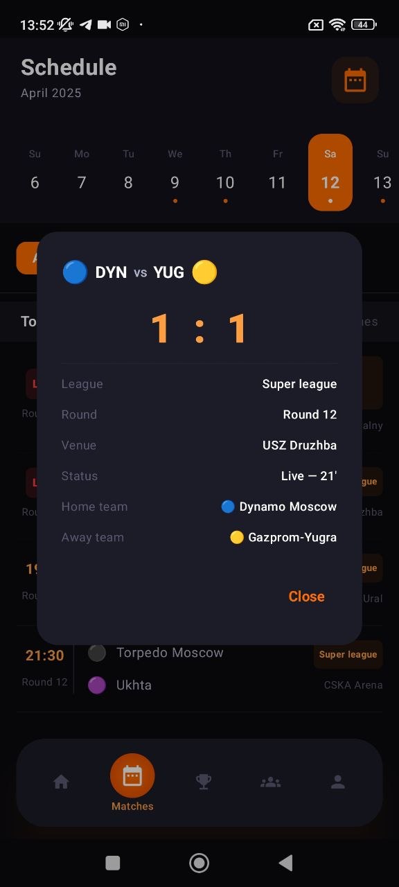 Misli Futsal League standings screen